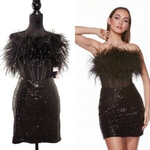 ALYCE PARIS NWT Black Sequin Mini Dress with Feathered Mesh Bodice, Size 6